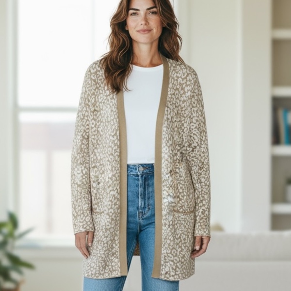 J. Crew Factory Open‎ Cardigan Women's XL Camel & White Animal Print Pockets